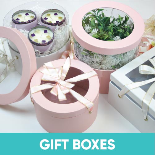 EMARTBUY GIFTING presents an elegant assortment of gift boxes in pastel shades, featuring round pink boxes with ribbons and a clear lid displaying candle, complemented by a box with a lush green plant.