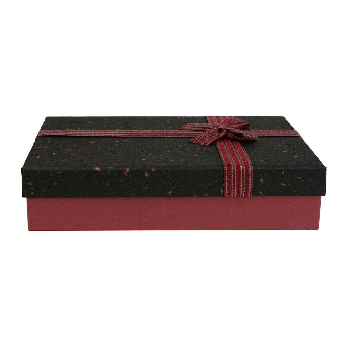 Burgundy textured gift box with black lid and striped ribbon