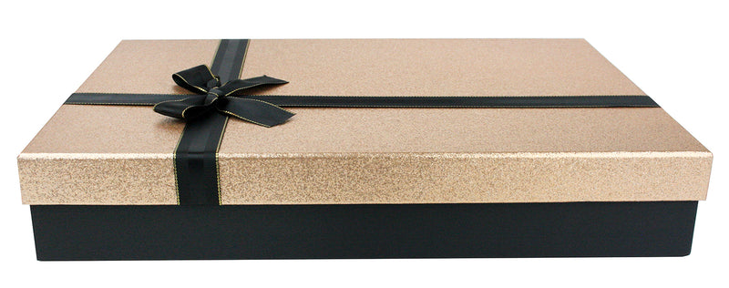 Black gift box with gold glitter lid and black bow ribbon