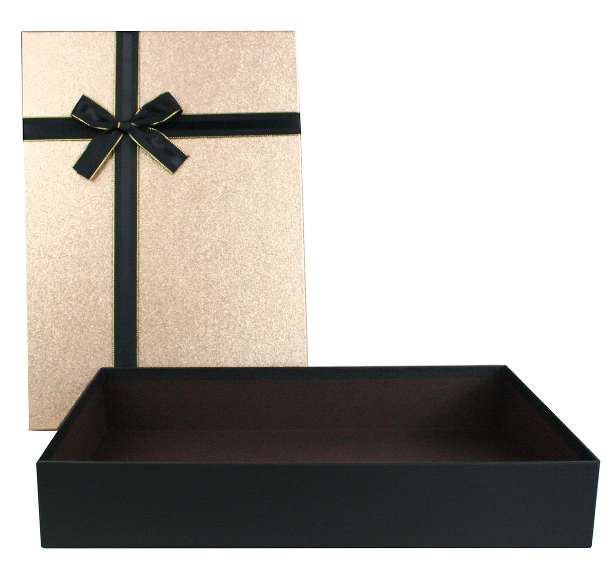 Open black gift box with gold glitter lid revealing brown interior