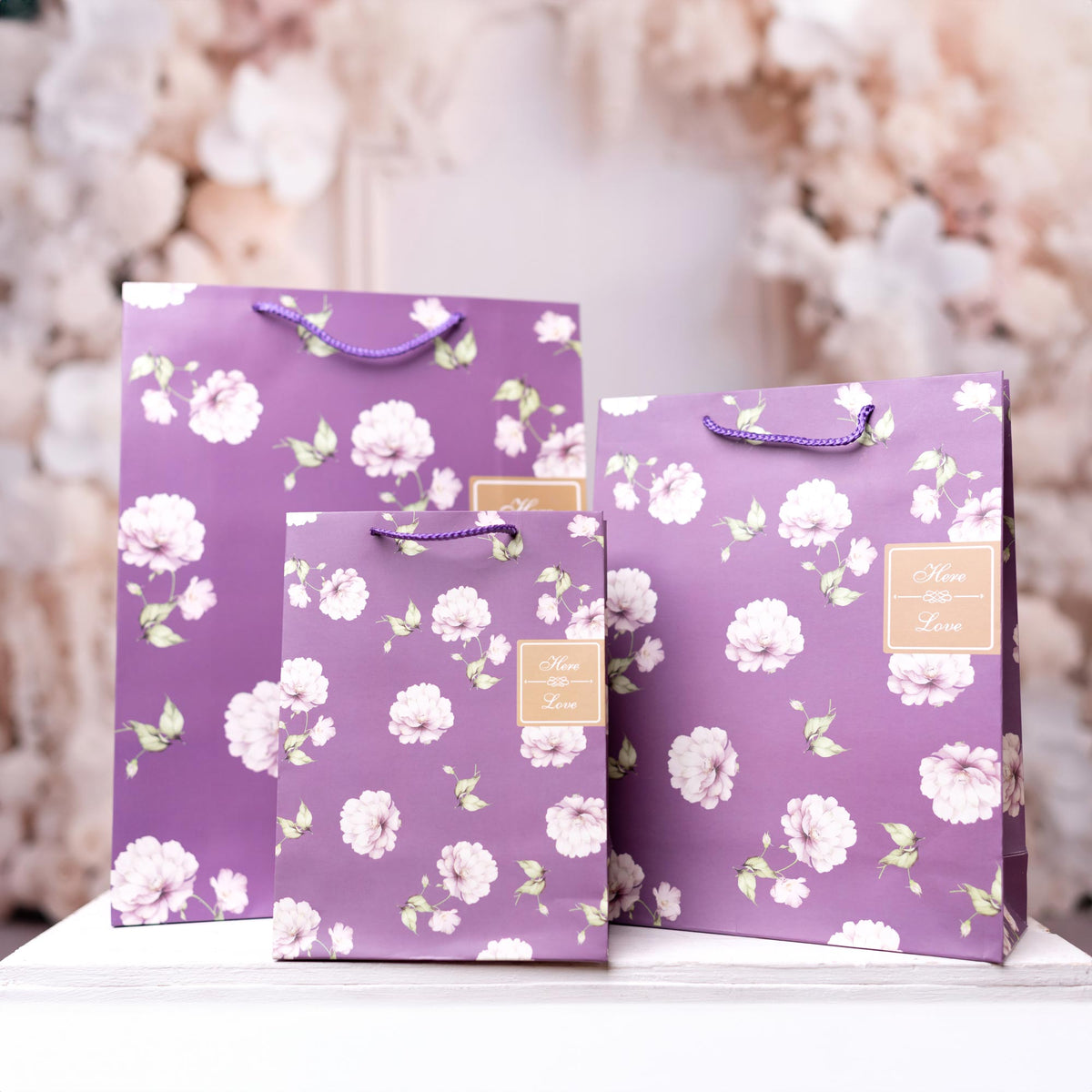 Elegant Floral Purple Gift Bags - Set of 3 Different Sizes