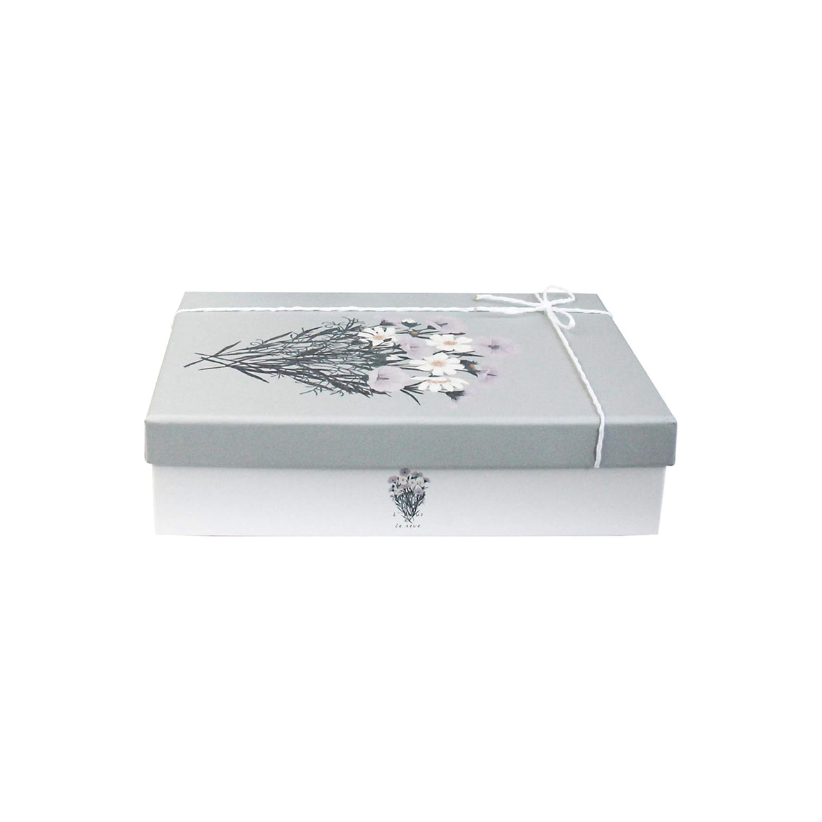 White rectangle gift box with grey bouquet lid, white ribbon