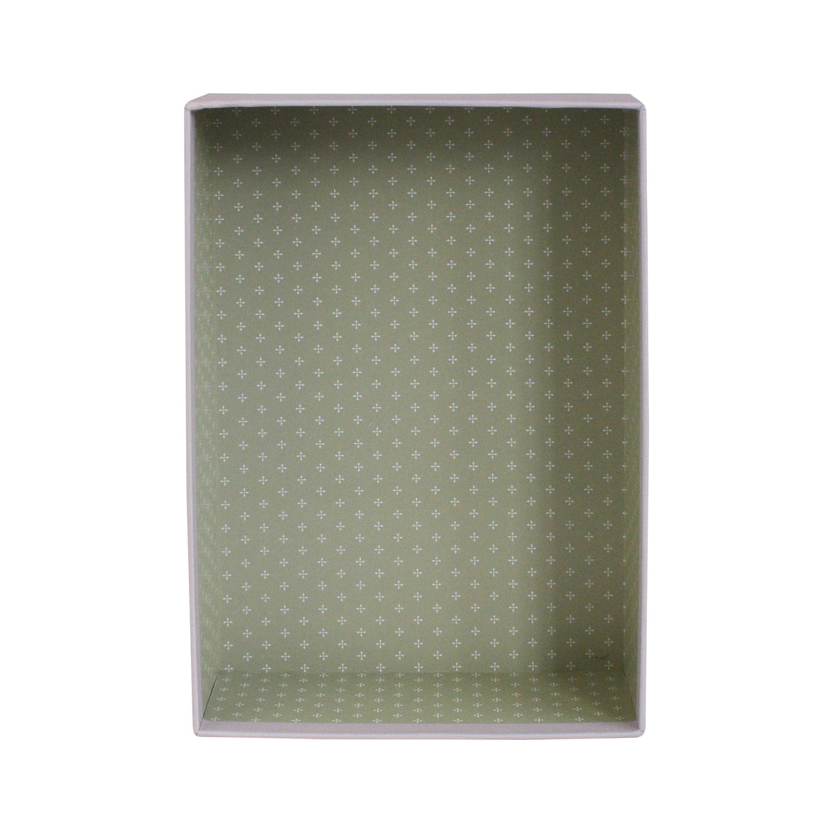 Open lilac rectangle gift box with white patterned interior