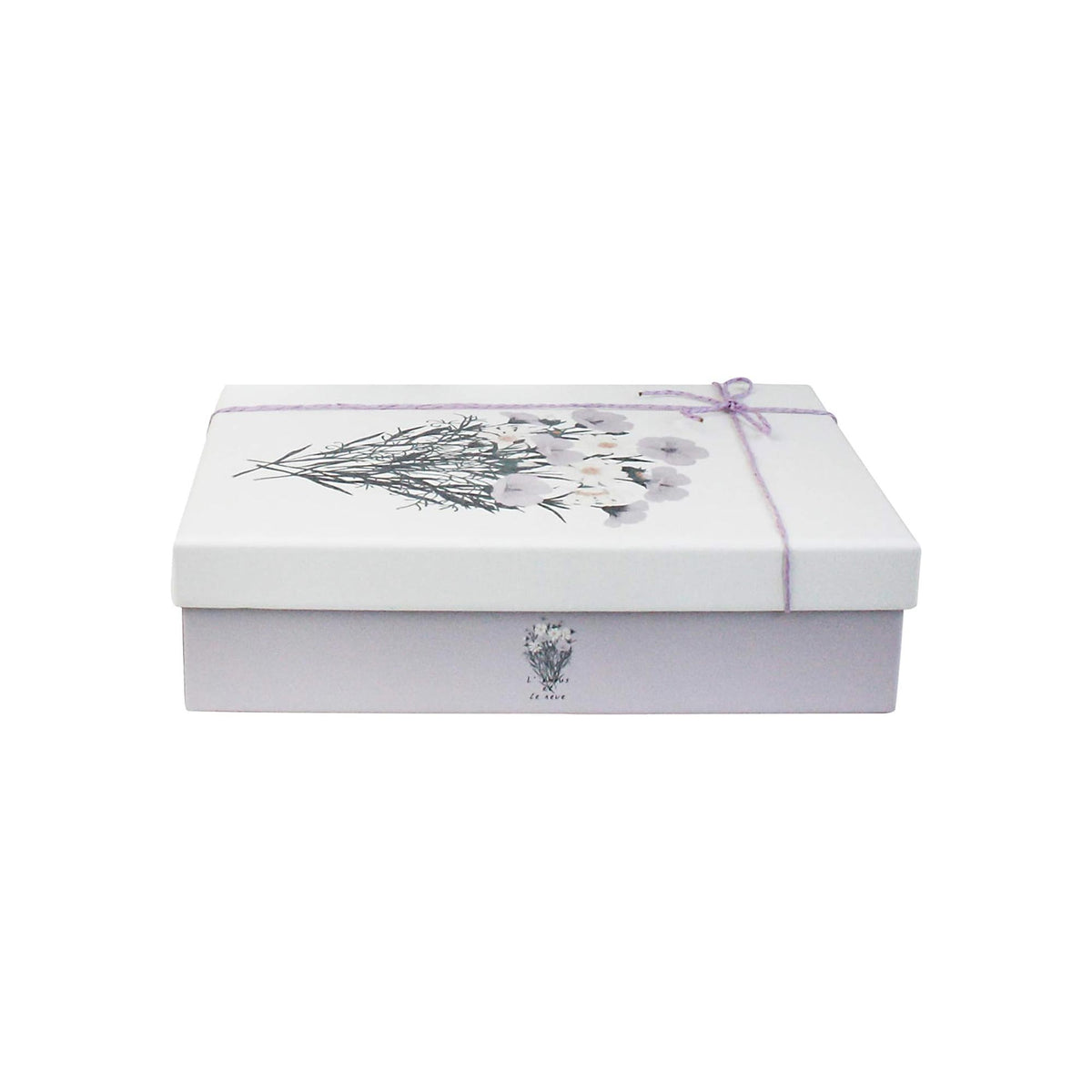 Lilac colored rectangle gift box with white bouquet design on lid and lilac ribbon