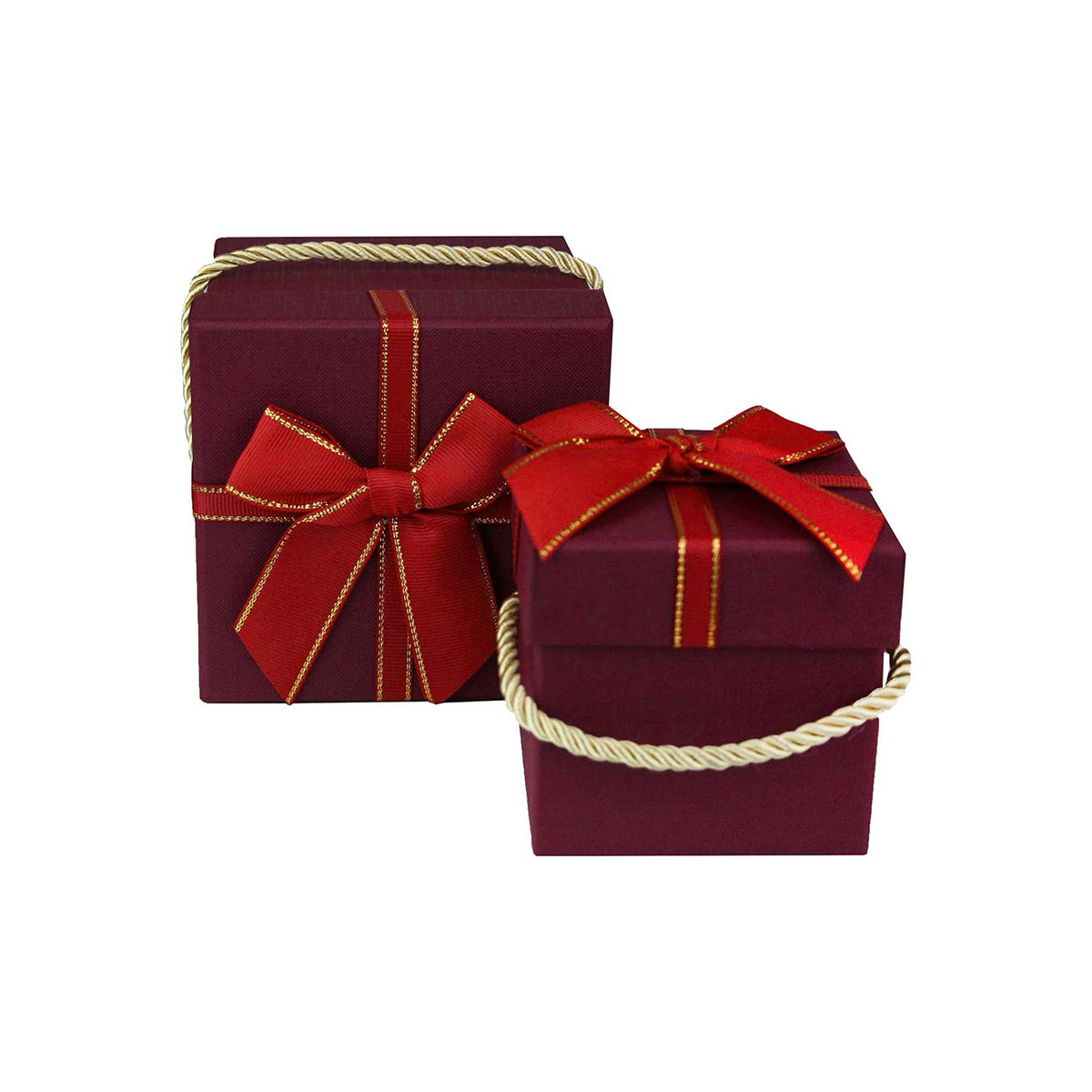 Emartbuy Set of 2 Square Gift Boxes, Red with Satin Ribbon and Gold Carry Handle