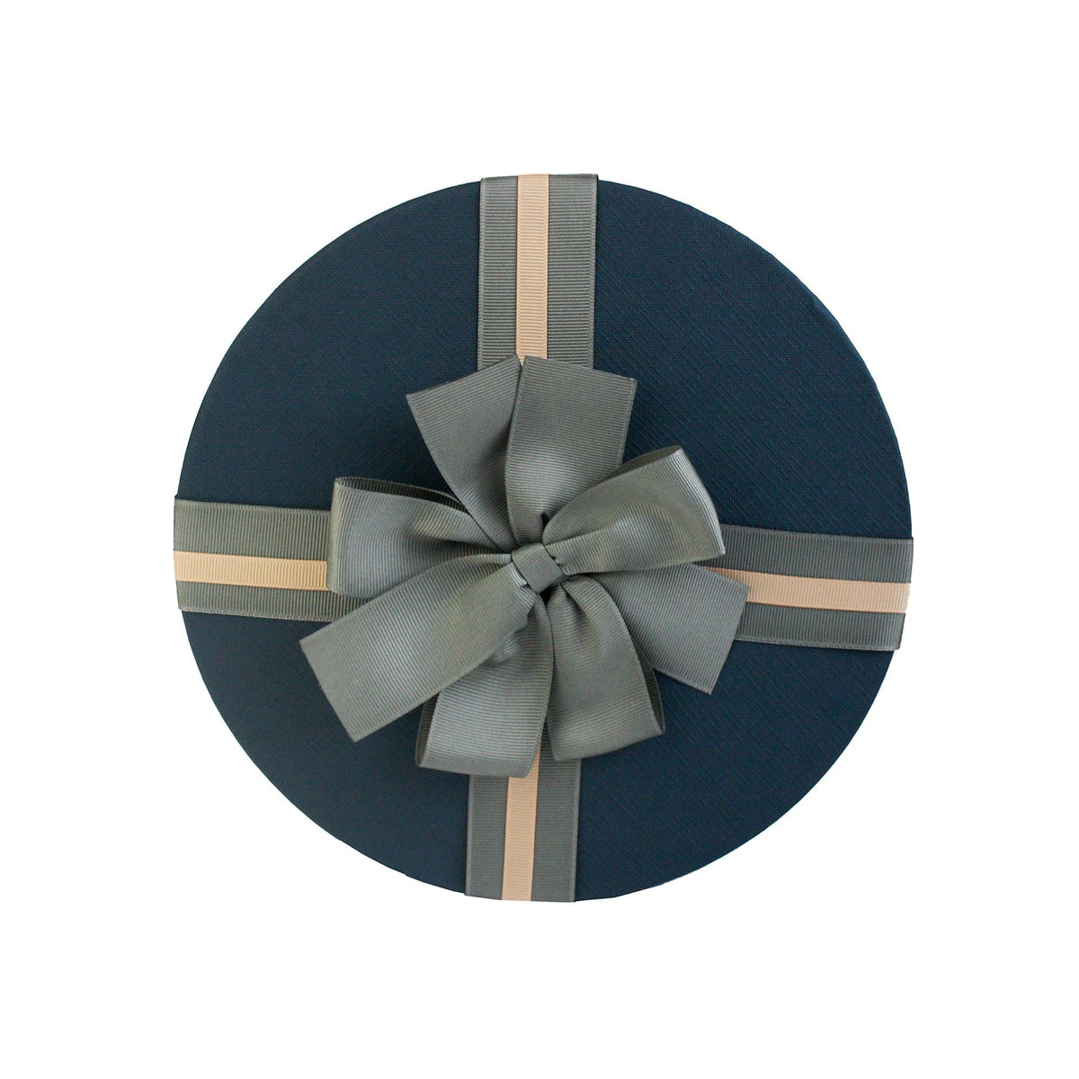 Round gift box with brown ribbon, perfect for gift wrapping.