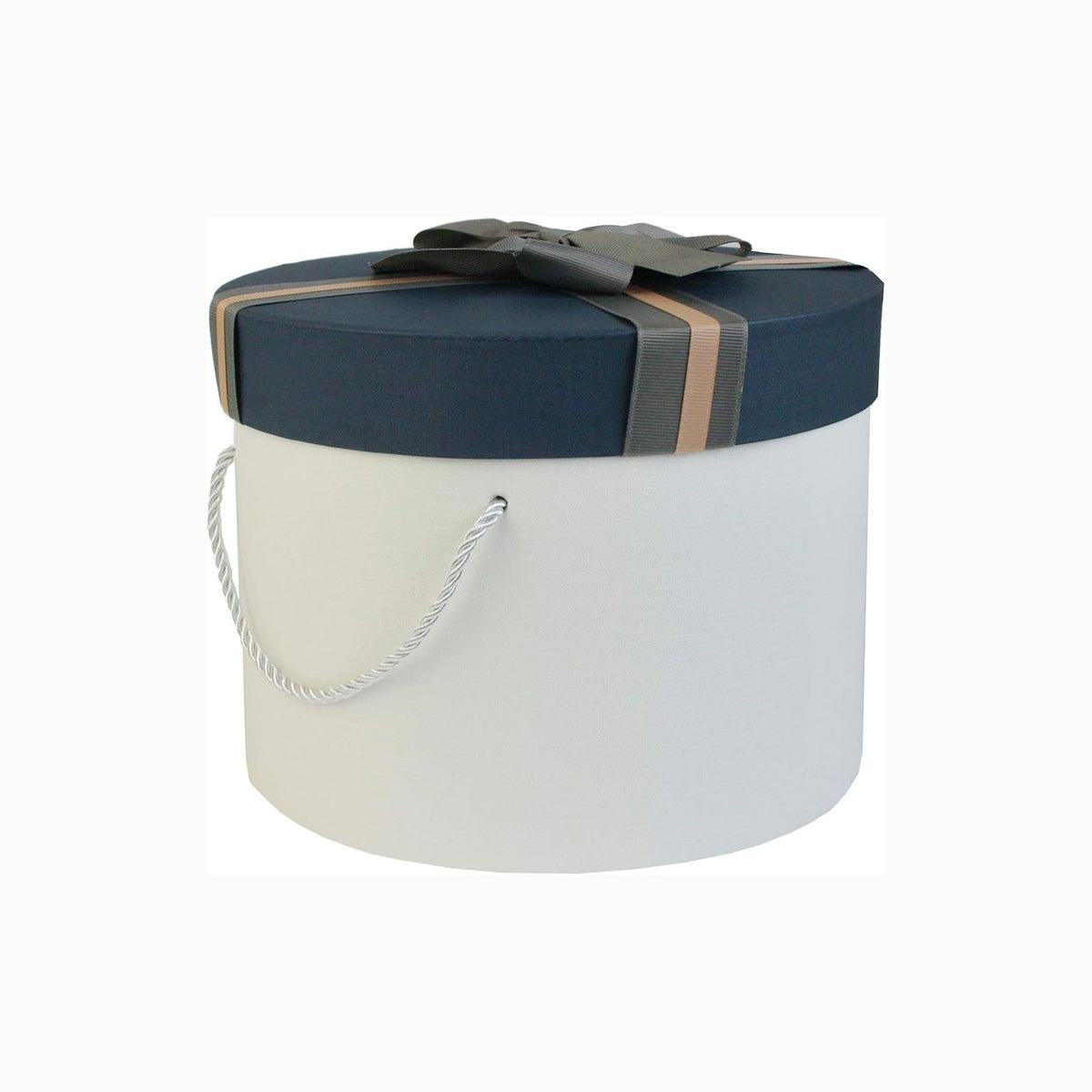 White round gift box with blue lid and brown striped ribbon.