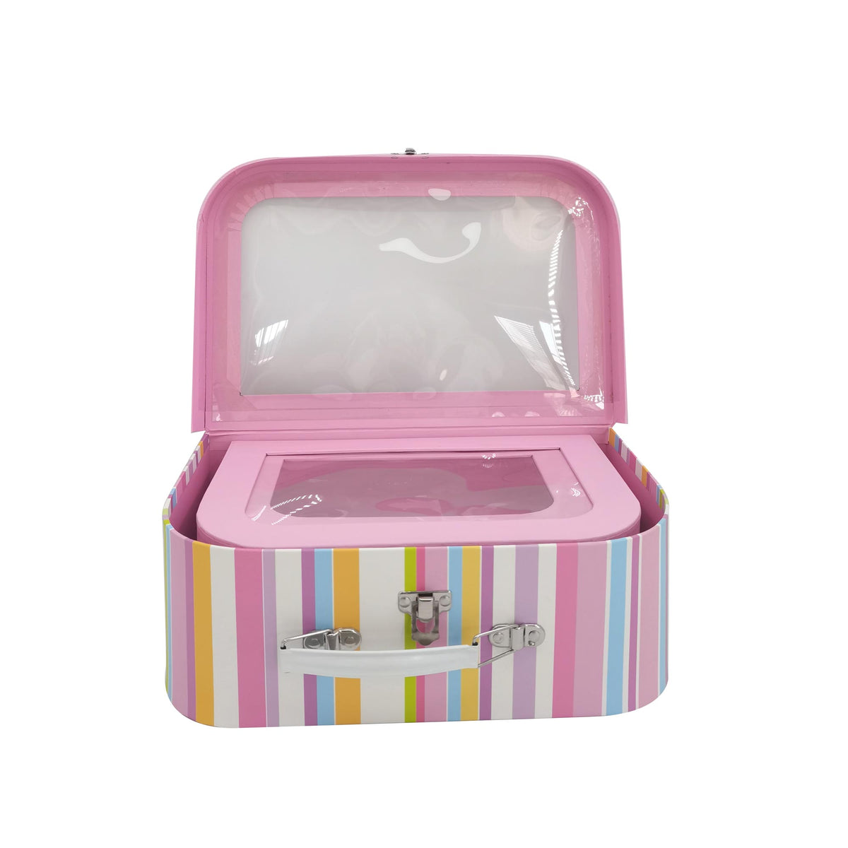 Three nesting suitcase gift boxes in graduating sizes with colorful stripes. 