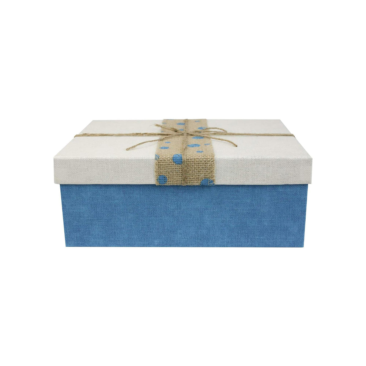 Blue rectangle gift box with white lid and dotted jute ribbon