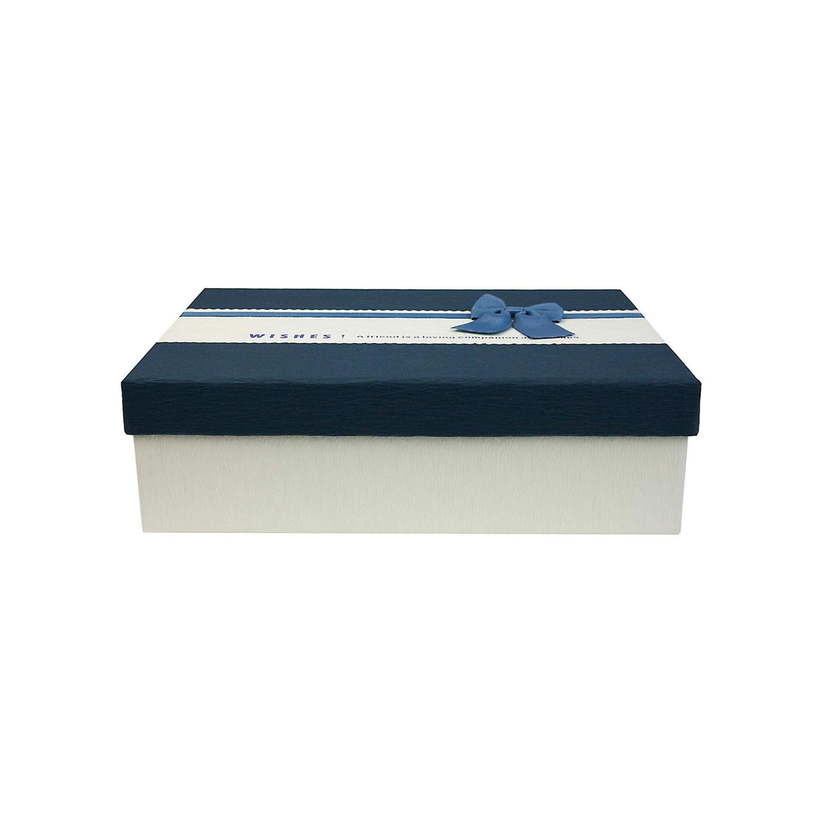 Cream colored rectangle gift box with blue lid and decorative ribbon