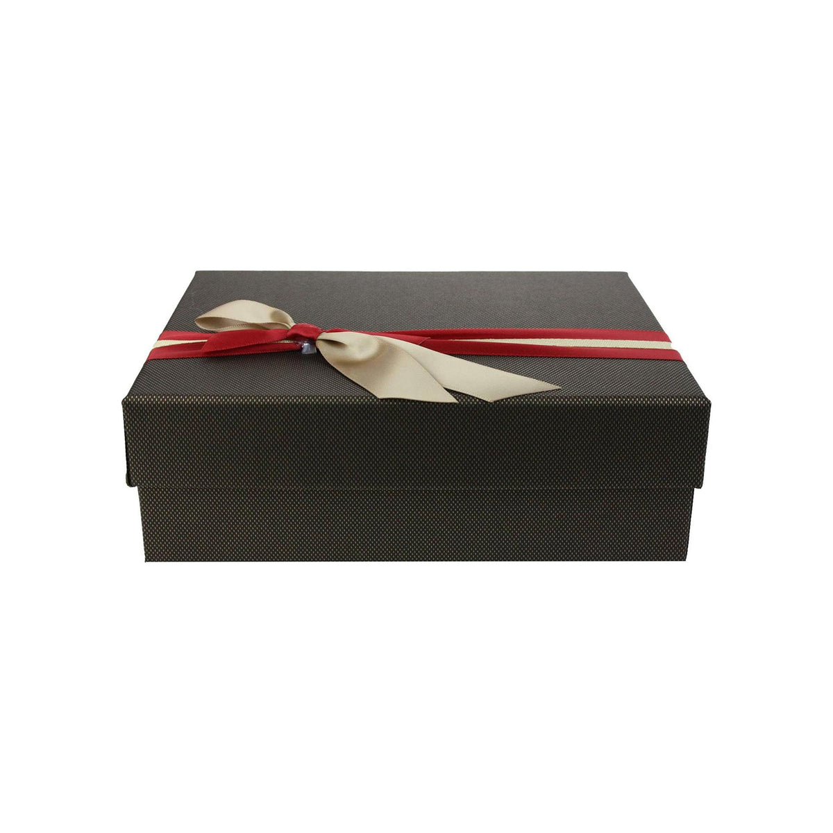 Dark brown gift box with red gold satin ribbon