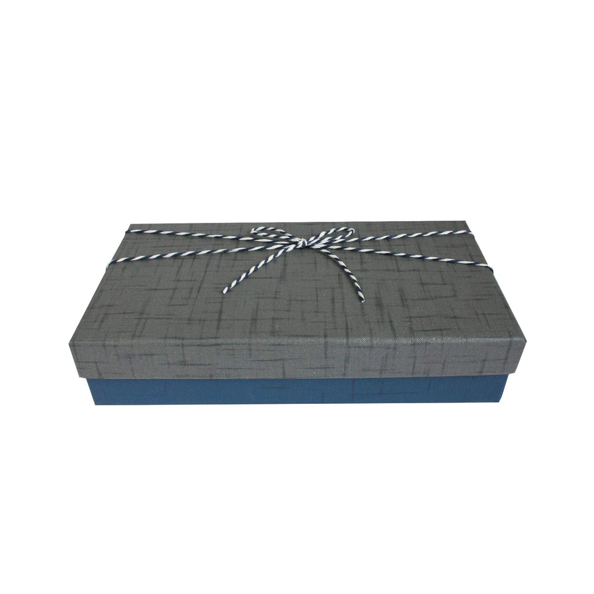 Grey rectangle gift box with dark blue lid and striped ribbon