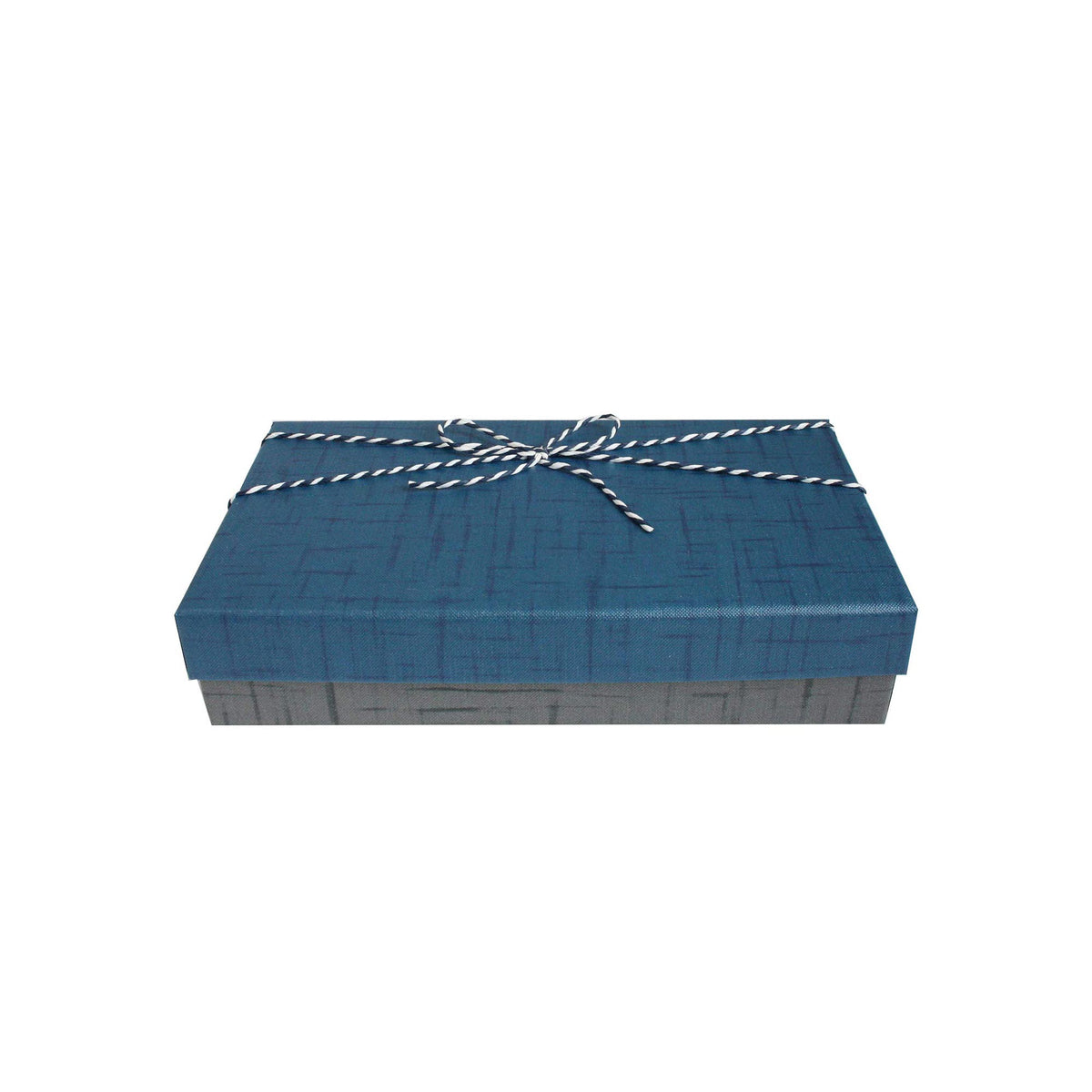 Grey rectangle gift box with dark blue lid and striped ribbon