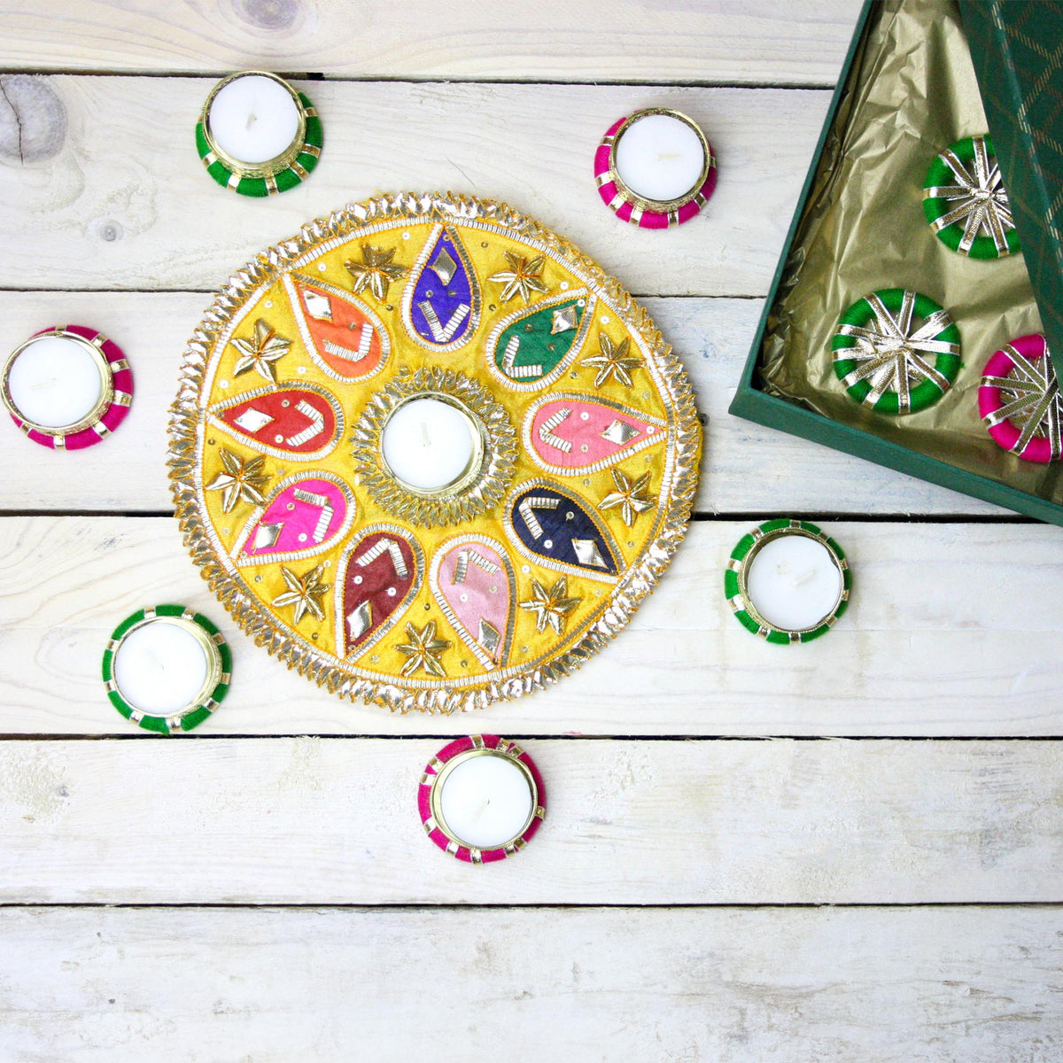 Set of 7 Traditional Gota Rangoli Gota Diya Tea Light Candles