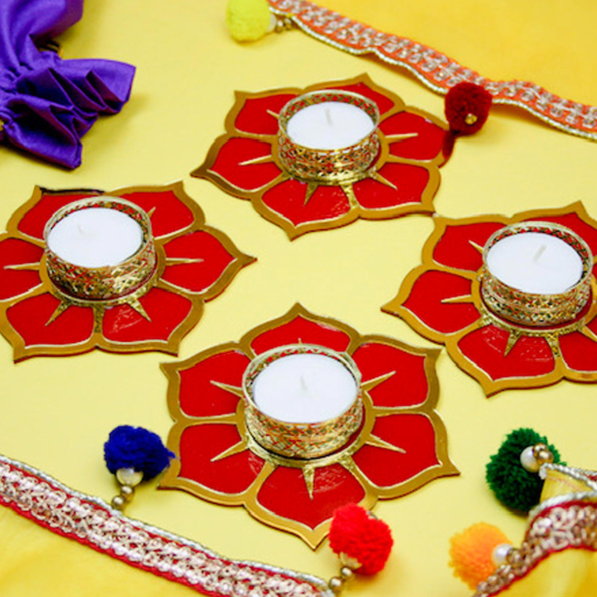 Set of 4 Red Lotus Decorative Diwali Diya Tea Light Candles