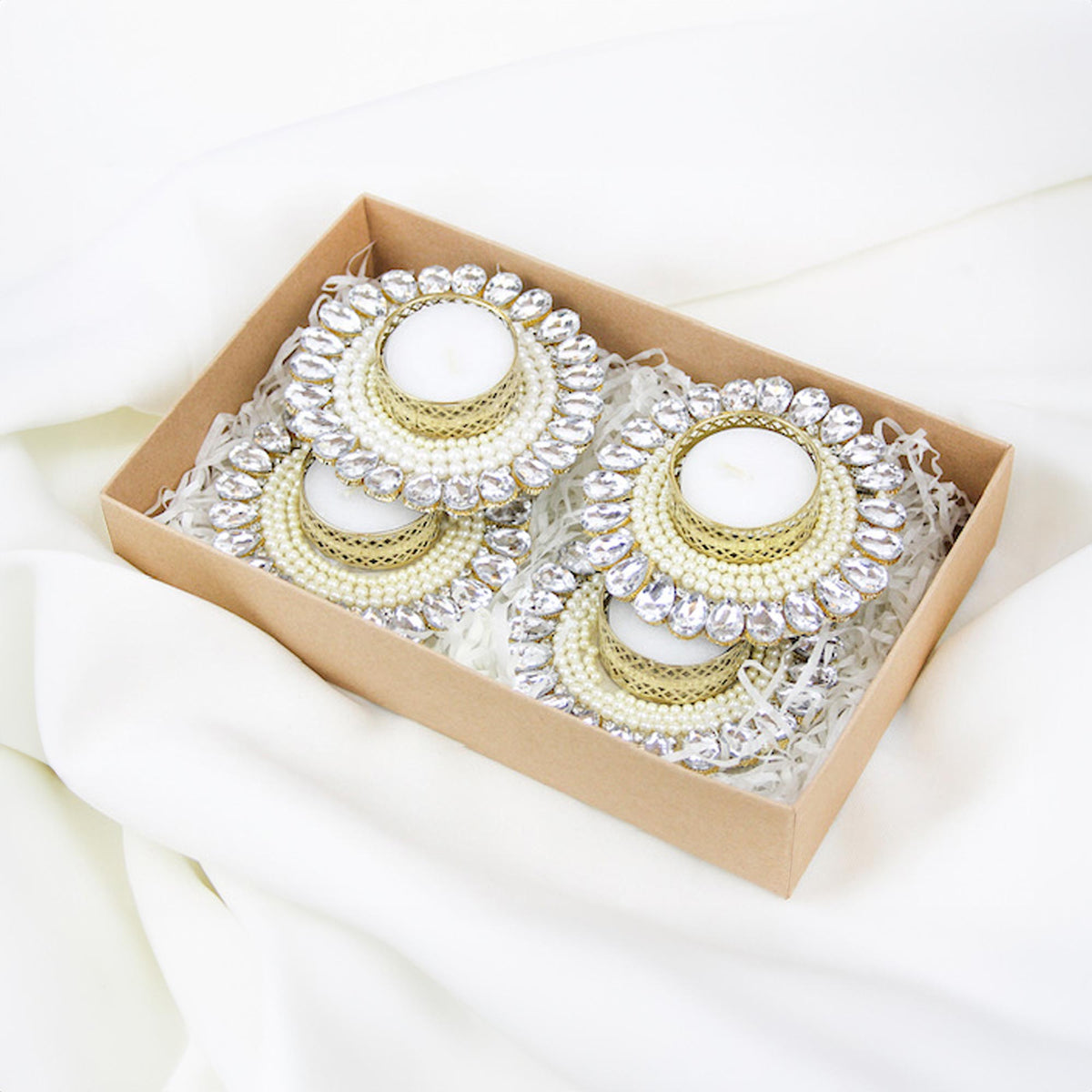 Set of 4 Rhinestone Tea Light Candle Diwali Gift Hamper