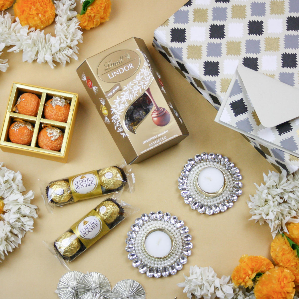 Rhinestone Rangoli Gota Diya Tea Light Candles & Chocolates