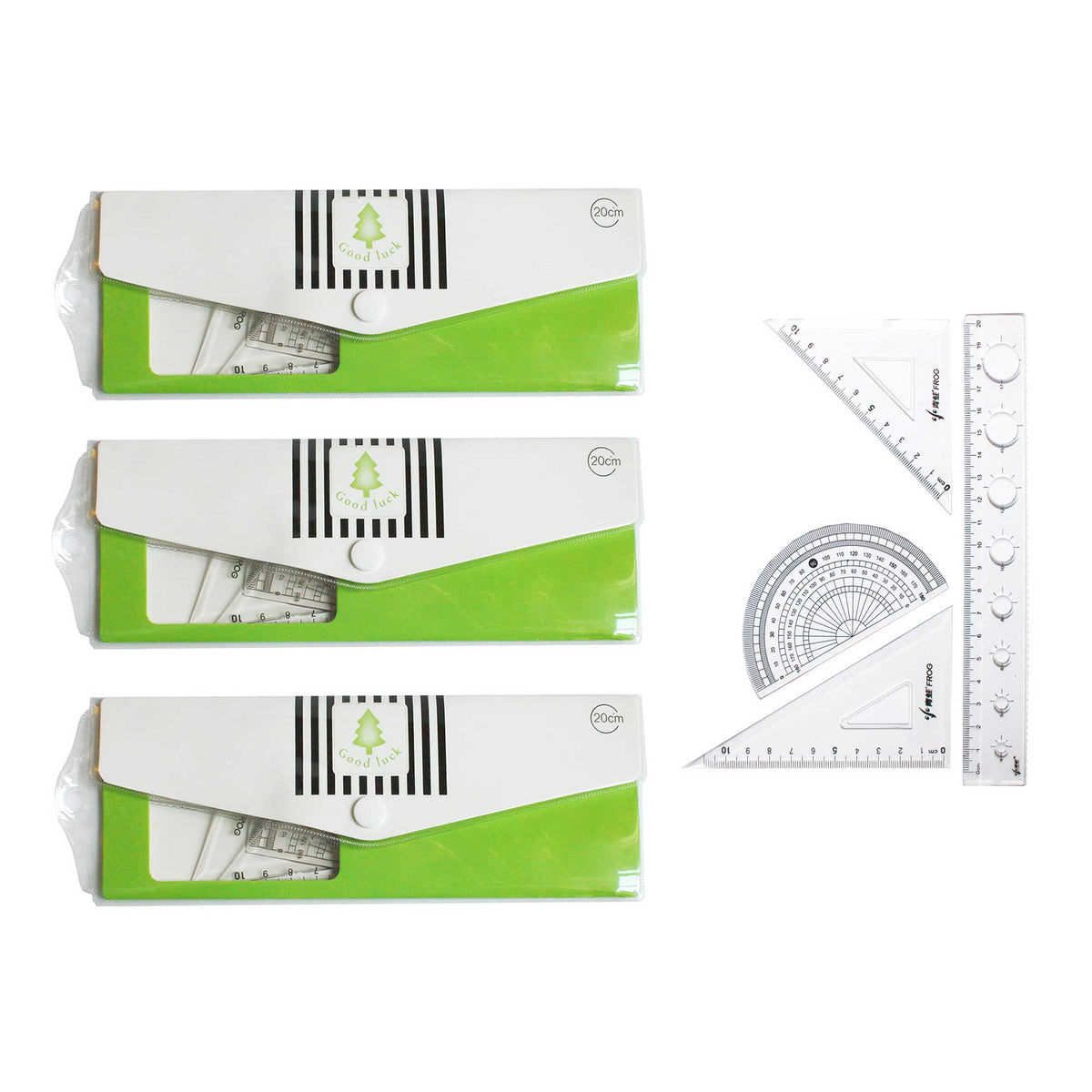 Geometry Set for Students - 20cm Ruler, Protractor, and Triangle Set (Green, Pack of 3)