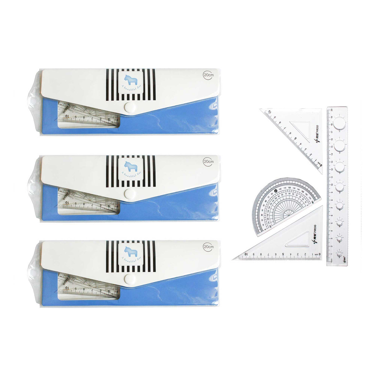 Geometry Set for Students - 20cm Ruler, Protractor, and Triangle Set (Blue, Pack of 3)