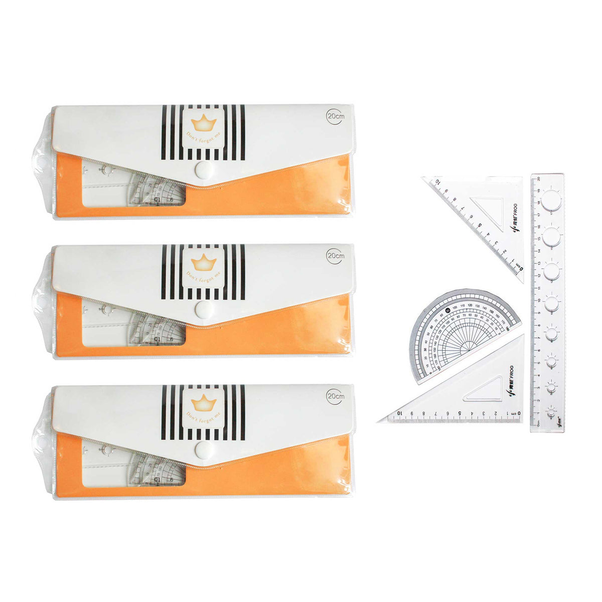 Geometry Set for Students - 20cm Ruler, Protractor, and Triangle Set (Orange, Pack of 3)