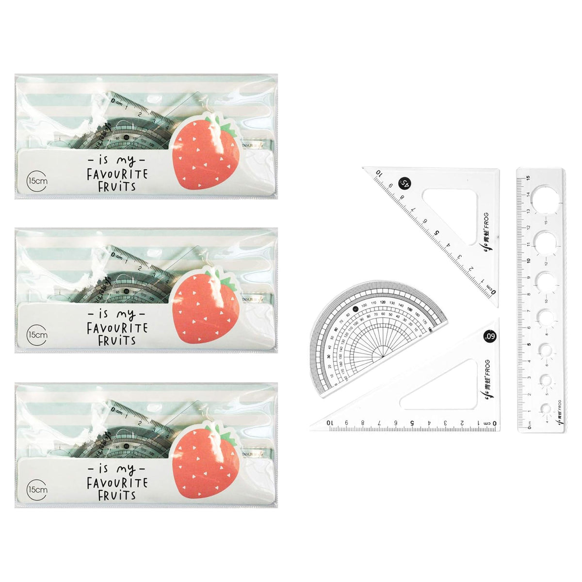 Geometry Set for Students - 20cm Ruler, Protractor, and Triangle Set (Strawberry, Pack of 3)