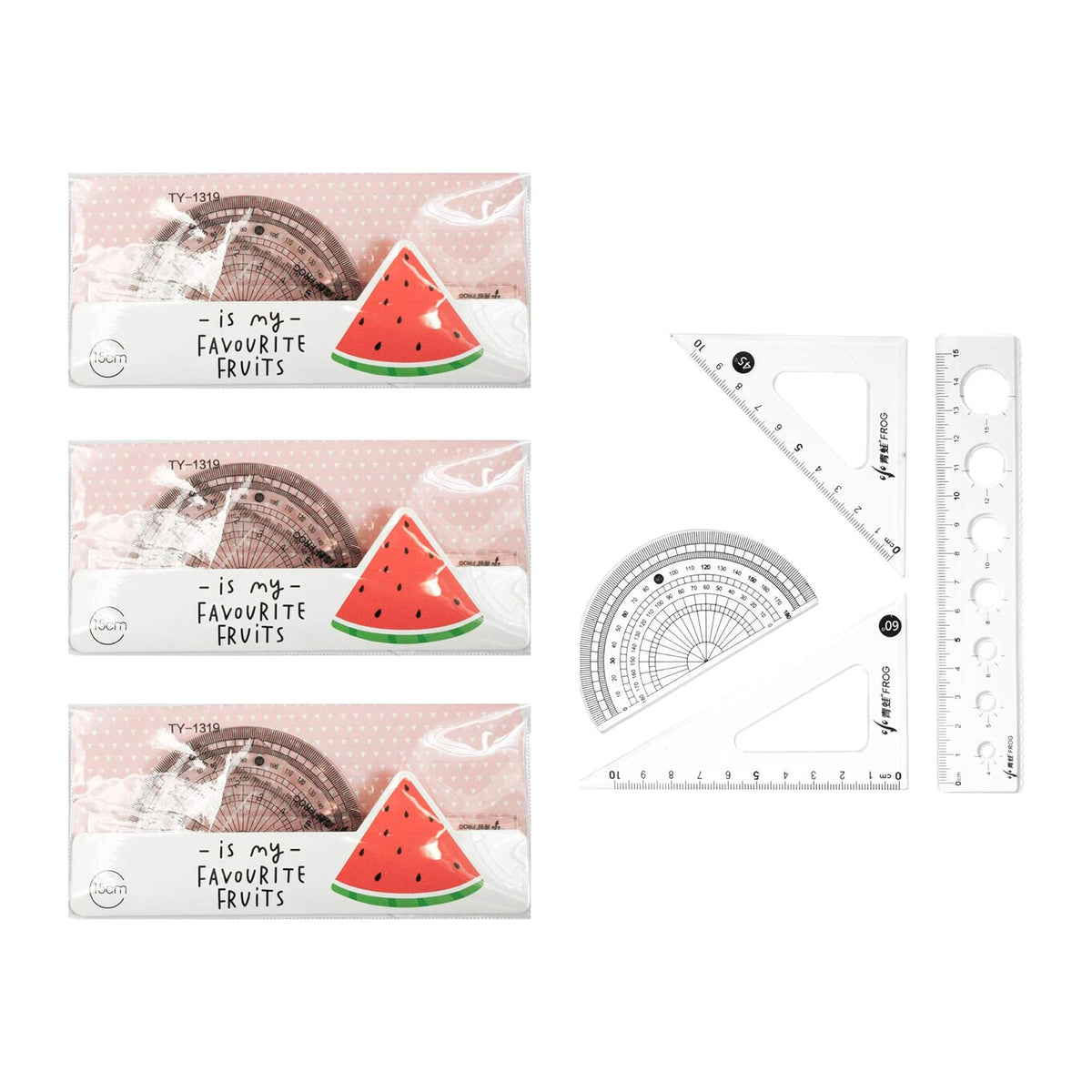Geometry Set for Students - 20cm Ruler, Protractor, and Triangle Set (Watermelon, Pack of 3)