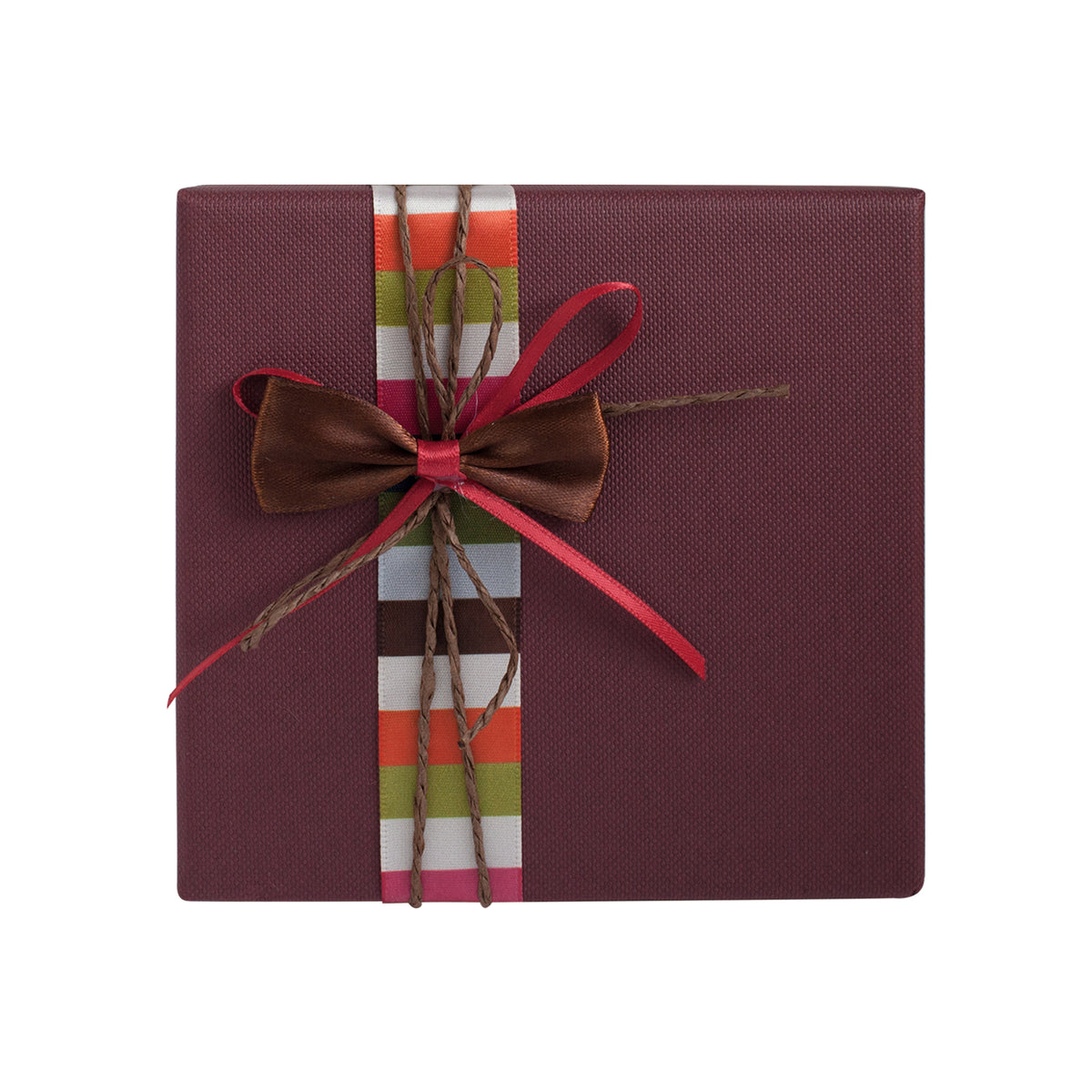 Two-tone burgundy gift box with decorative ribbon