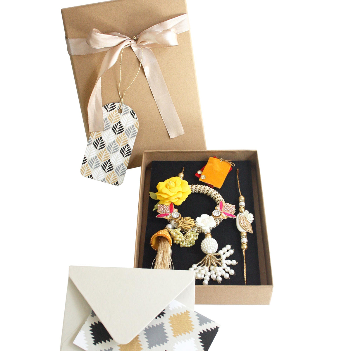 Rakhi, Card & Envelope in Kraft Gift Box